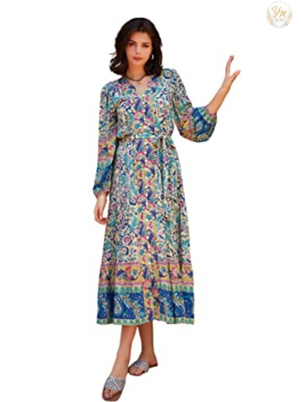 Boho Floral Print Button Down Midi Dress with Belt Long Sleeve